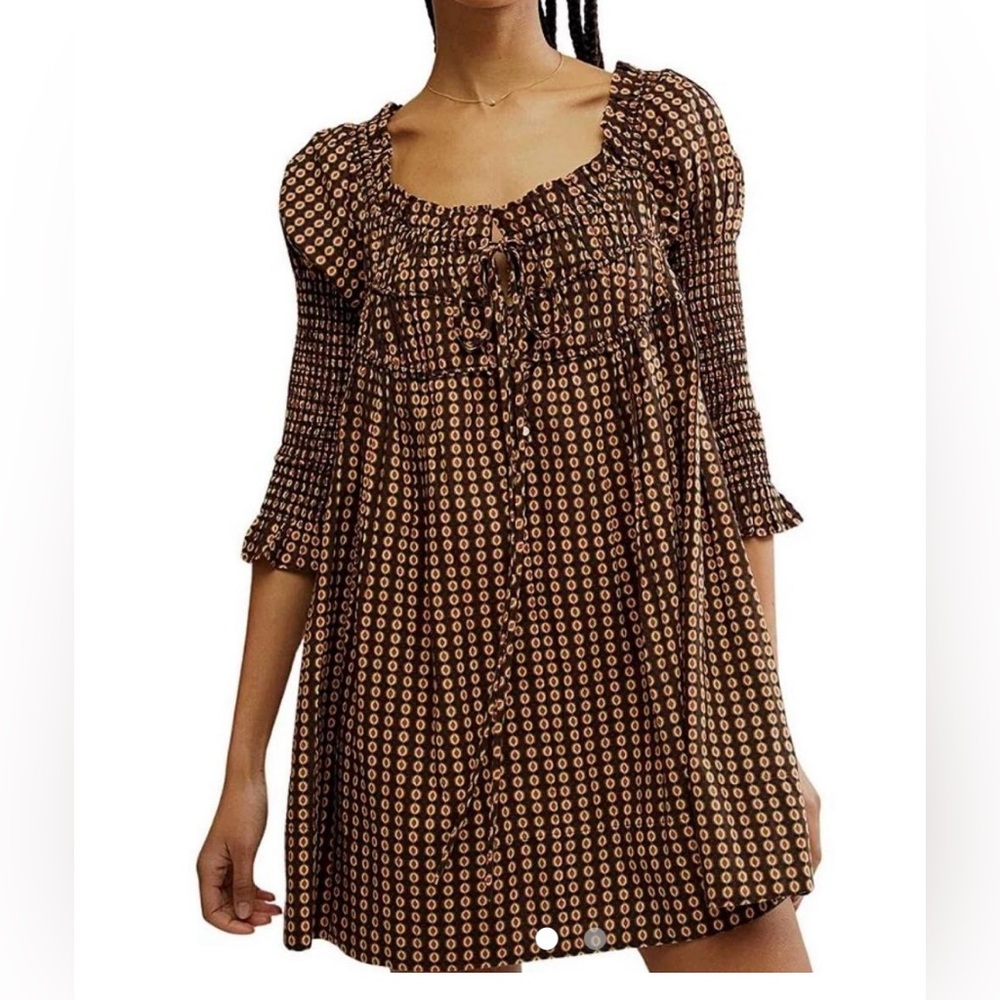 Free People Brown Patterned Long Sleeve Dress